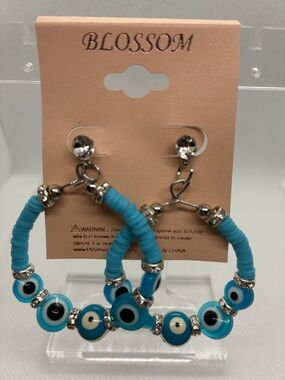 3for$20 Blossom Turquoise Evil Eye Hoop Earrings - Silver Accents